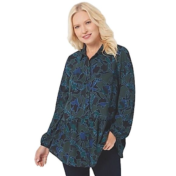 LOGO by Lori Goldstein Stretch Woven Button Front Blouse Green Stencil Small - Picture 1 of 9